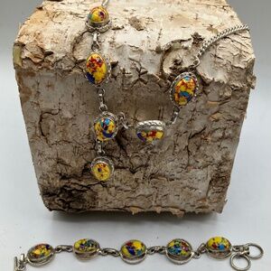 Necklace and bracelet mosaic jasper gemstone silver plated chain